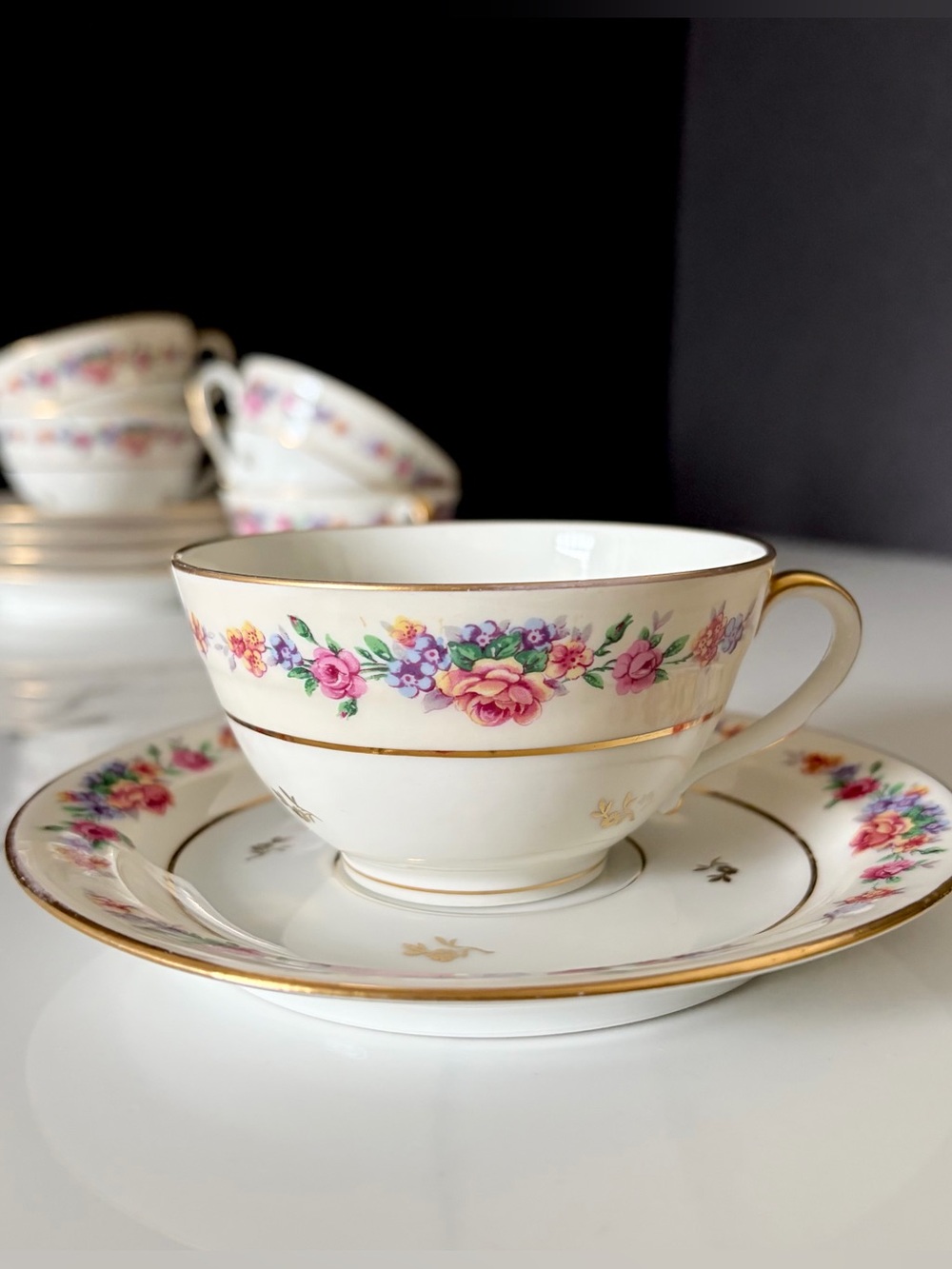 SET of 5 Cups & Saucers - Pink Floral & Gold - Chastagner Limoges